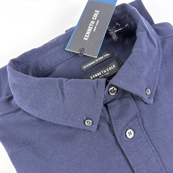 NWT Kenneth Cole L/S Knit Pique Button Up Shirt Mens Sz L Navy Blue Light Weight - Picture 14 of 16